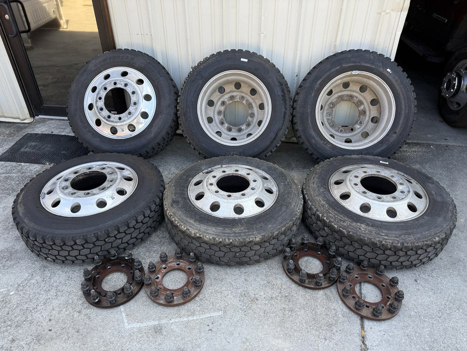 FORD F350 22.5" ALCOA WHEELS 255/70R22.5 BLACKHAWK BDR777 TIRES ADAPTERS