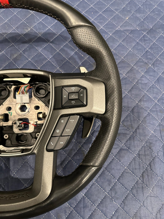 2019 FORD F150 3.5L RAPTOR LEATHER STEERING WHEEL W RED STRIPE OEM *SLIGHT WEAR*