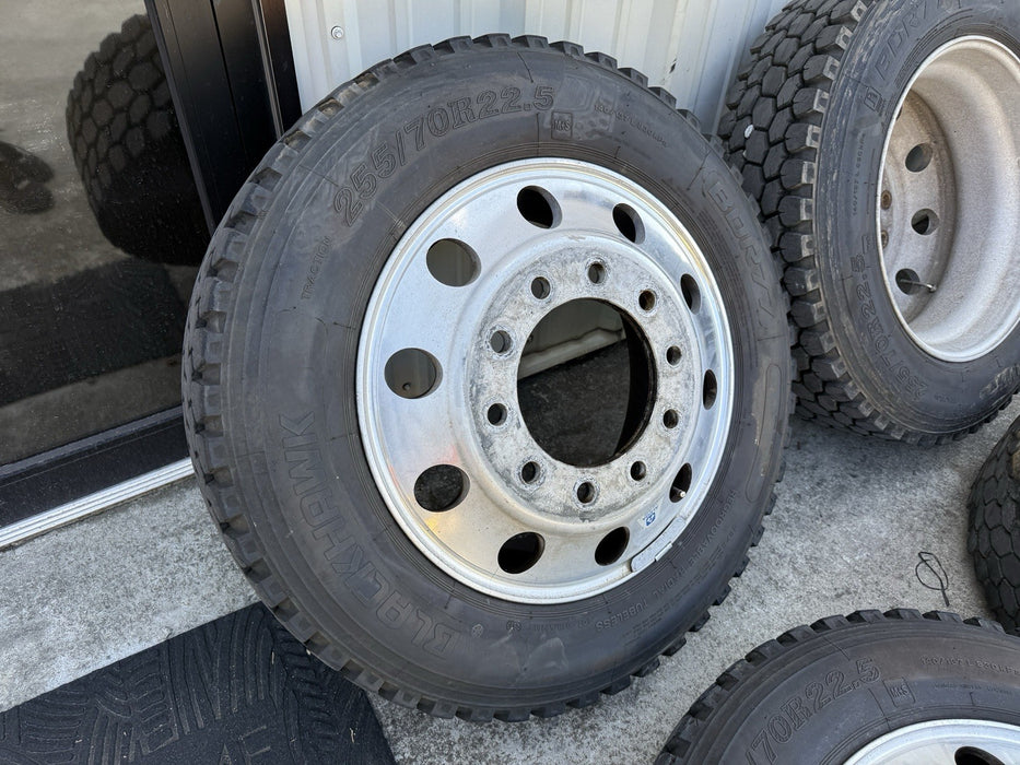 FORD F350 22.5" ALCOA WHEELS 255/70R22.5 BLACKHAWK BDR777 TIRES ADAPTERS
