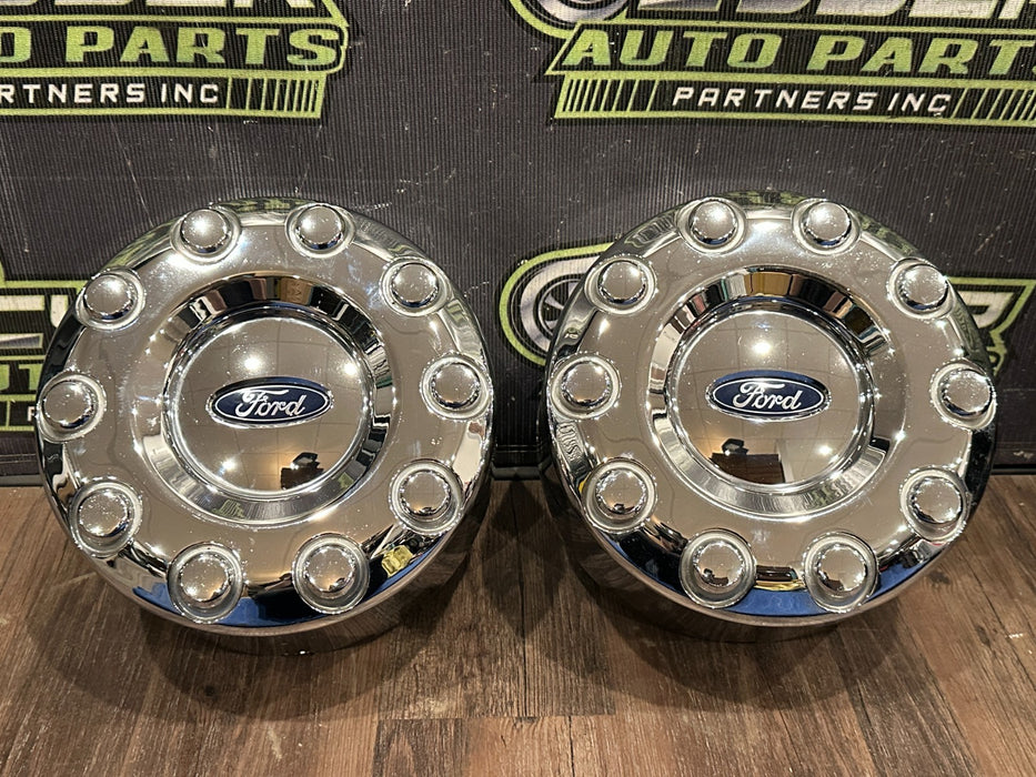 2017-2019 FORD F250 F350 F450 LEFT RIGHT CHROME WHEEL CENTER CAPS OEM *WEAR/READ
