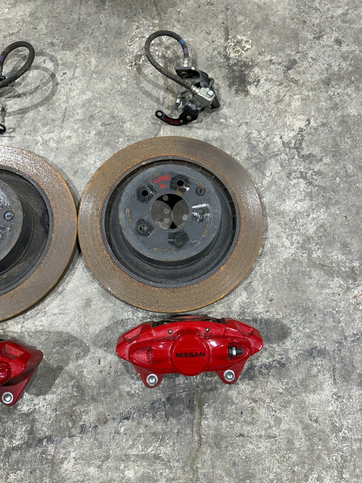2013 NISSAN 370Z SPORT RED CALIPERS ROTORS BRAKE LINES SET OEM
