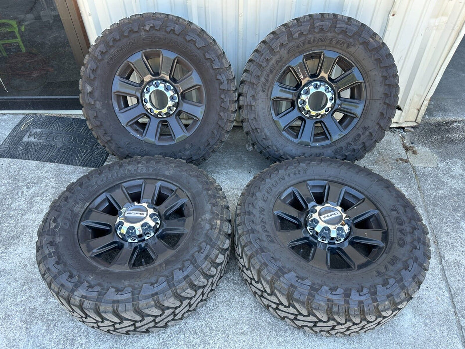 FORD F250 F350 8X170 BLACK PLATINUM 20X8 RIMS 37X12.50R20LT TOYO MT TIRES TPMS