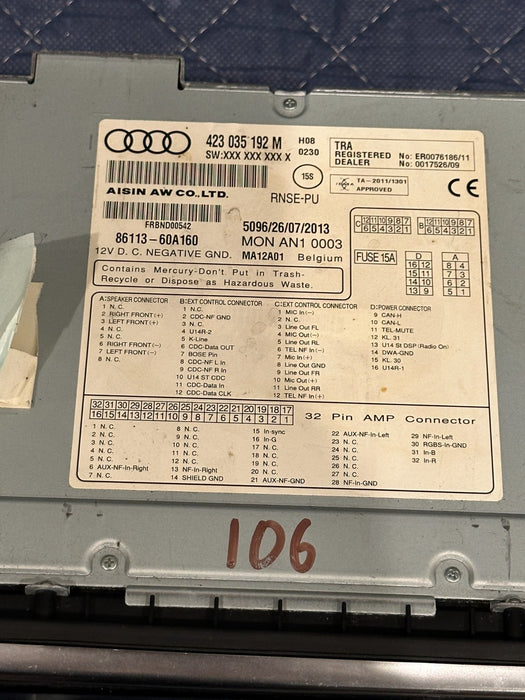 2014 AUDI R8 NAVI NAVIGATION SYSTEM RADIO RECEIVER SCREEN HEAD 423 035 192 M