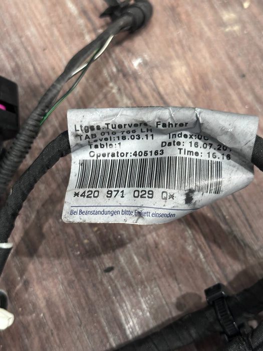 2012 AUDI R8 FRONT DRIVER LEFT DOOR WIRING HARNESS OEM 420 971 029 ~SNIPPED~