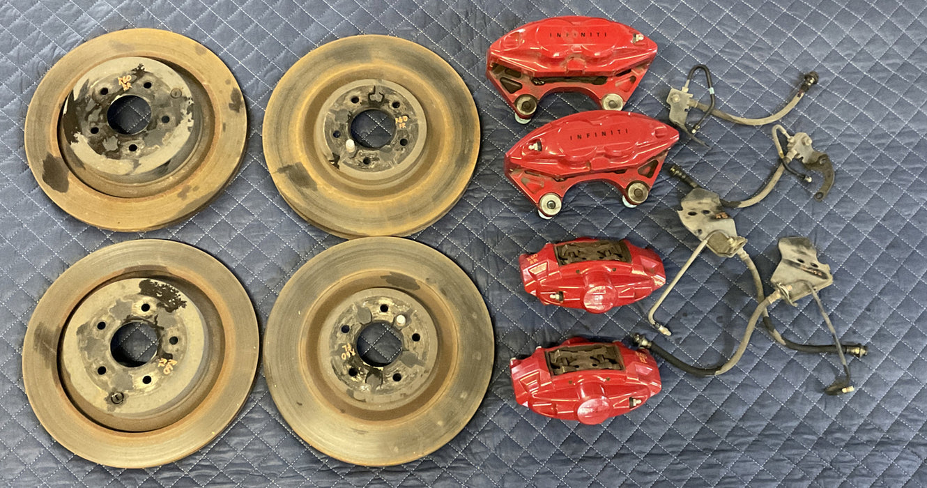 2017 INFINITI Q50 RED SPORT CALIPERS W/ FRONT REAR BRAKE LINES & ROTORS (4) OEM