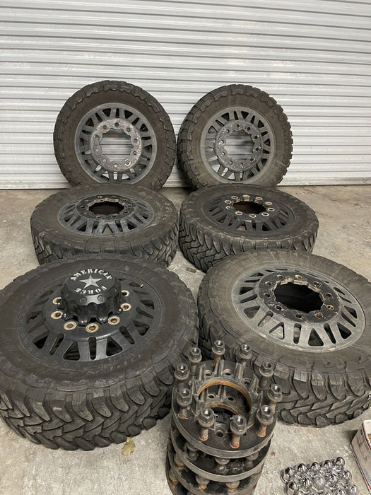 FORD F350 AMERICAN FORCE DUALLY WHEELS WITH ADAPTERS 22 INCH RIMS 37 INCH TIRES