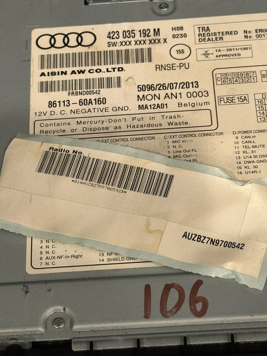 2014 AUDI R8 NAVI NAVIGATION SYSTEM RADIO RECEIVER SCREEN HEAD 423 035 192 M