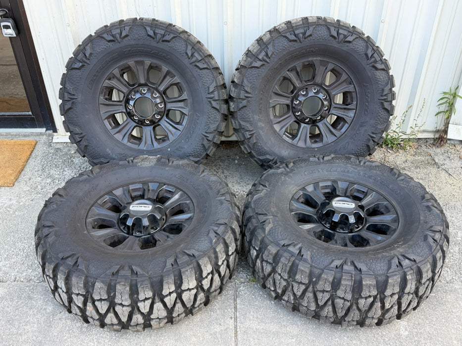 2005-2026 FORD F250 F350 TREMOR 18" WHEELS NEW 37X13.50 MUD GRAPPLERS SET 8X170