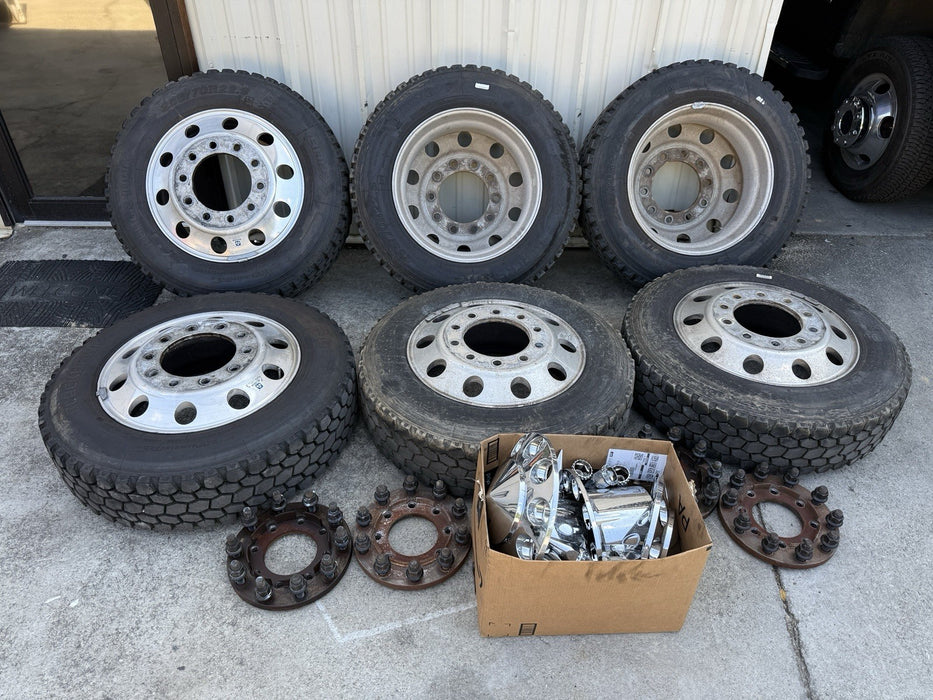 FORD F350 22.5" ALCOA WHEELS 255/70R22.5 BLACKHAWK BDR777 TIRES ADAPTERS