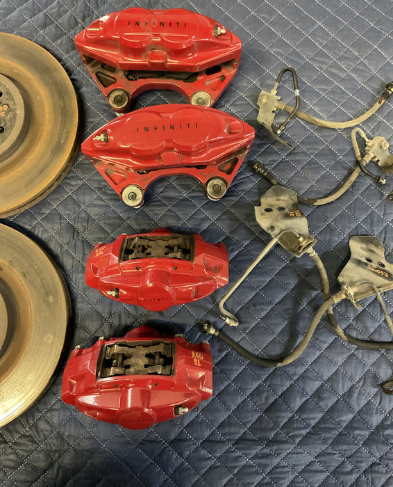 2017 INFINITI Q50 RED SPORT CALIPERS W/ FRONT REAR BRAKE LINES & ROTORS (4) OEM