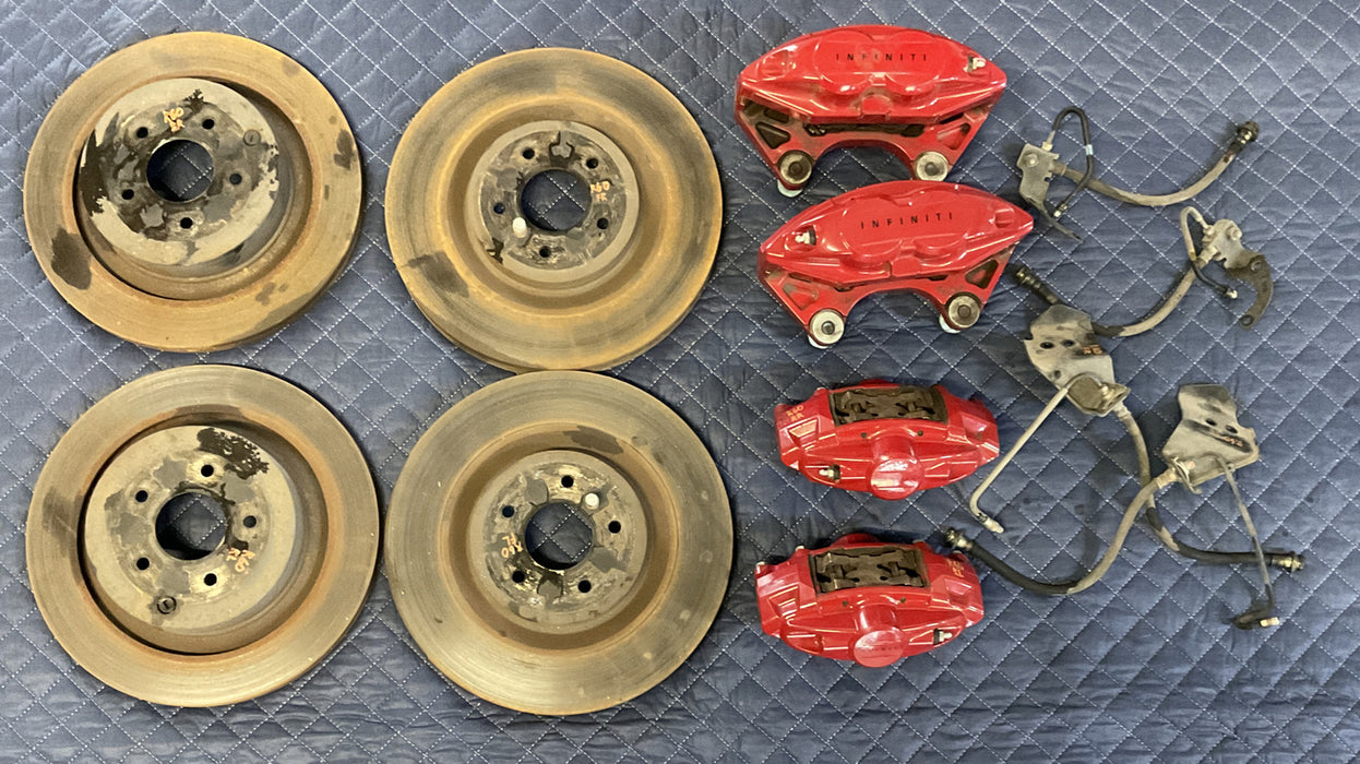 2017 INFINITI Q50 RED SPORT CALIPERS W/ FRONT REAR BRAKE LINES & ROTORS (4) OEM