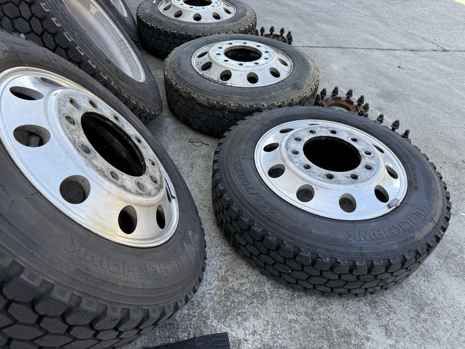FORD F350 22.5" ALCOA WHEELS 255/70R22.5 BLACKHAWK BDR777 TIRES ADAPTERS