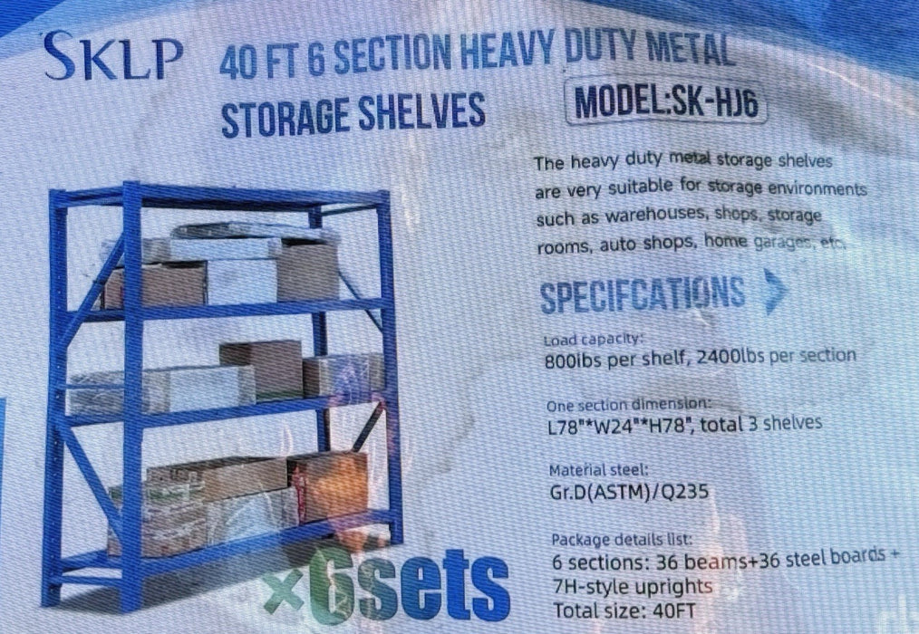 40FT 6 SECTION HEAVY DUTY STORAGE SHELVES